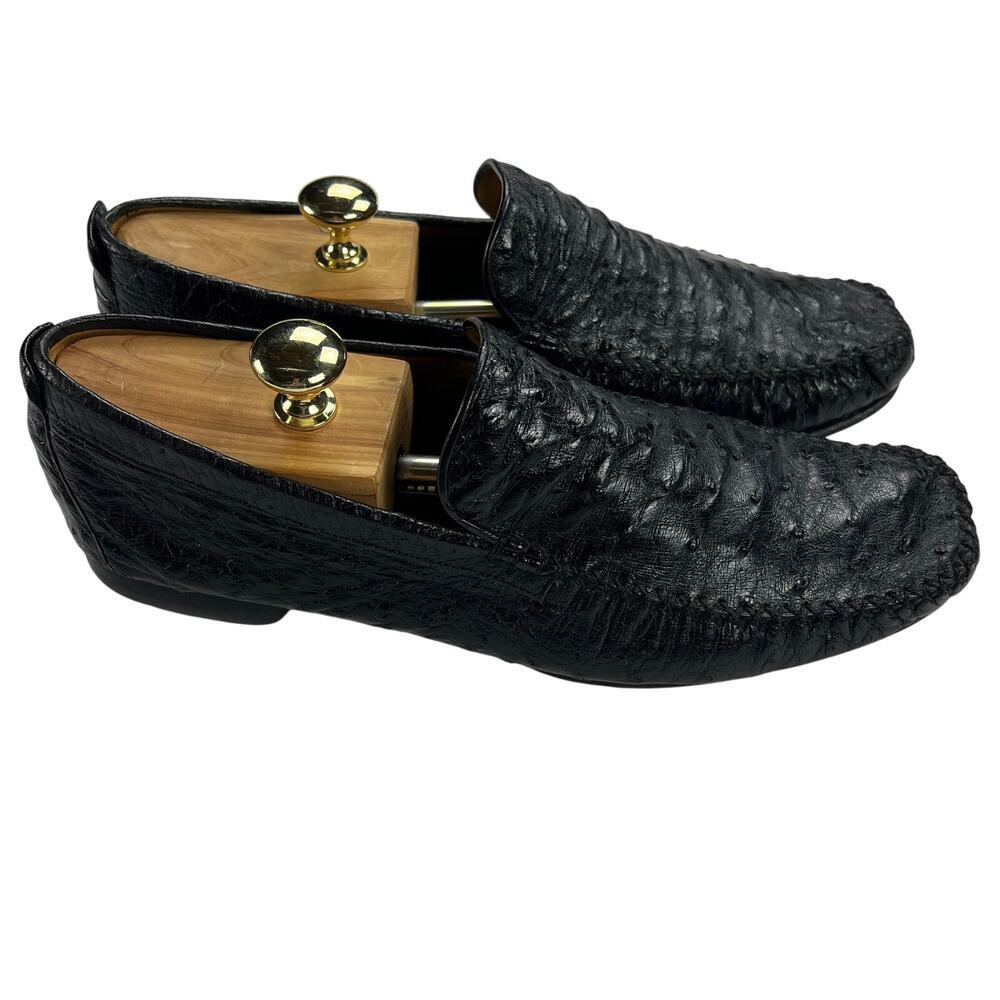 Mezlan Miami Ostrich Skin Black Slip On Loafer Shoes Need New Heels Size 10